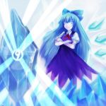  ? adult alternate_hairstyle blue_eyes blue_hair cirno crossed_arms greave_(artist) ice ribbon touhou ⑨ 