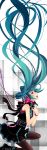  absurdres aqua_hair bare_shoulders boots bracelet cable hatsune_miku headphones highres jewelry long_hair macco nail_polish pantyhose pink_eyes skirt solo tears very_long_hair vocaloid zipper 