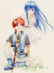  blue_eyes blue_hair blush dress fire_emblem fire_emblem:_fuuin_no_tsurugi fire_emblem_fuuin_no_tsurugi lilina long_hair roy smile sword weapon 