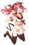  bottomless demon_girl fang green_eyes legs maebari nishieda no_panties original pointy_ears red_hair redhead school_uniform serafuku simple_background solo tail thigh-highs thighhighs wings 