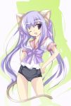  bad_id blue_eyes cat_ears cat_tail hand_on_hip no_pants original purple_hair school_swimsuit school_uniform serafuku solo swimsuit swimsuit_under_clothes tail twintails wink yumesato_makura 