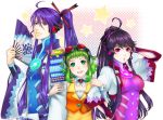  blue_eyes gakuko genderswap goggles goggles_on_head green_eyes green_hair gumi hand_on_headphones headphones headset highres kamui_gakupo ohse ponytail purple_hair red_eyes star vocaloid wrist_cuffs 