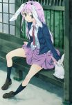  bad_anatomy bad_id blazer bunny bunny_ears lips loafers long_hair necktie pink_eyes purple_hair rabbit rabbit_ears red_eyes reisen_udongein_inaba shoes sitting subachi touhou veranda 