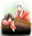  animal_ears brown_eyes brown_hair child inuyasha inuyasha_(character) japanese_clothes long_hair necklace rin_(inuyasha) simple_background white_hair yellow_eyes 
