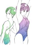  2girls ahn_dongshik arms_up gradient green monochrome multiple_girls multiple_monochrome one-piece_swimsuit one_piece_swimsuit original purple short_hair simple_background swimsuit white_background 