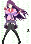  absurdres ahoge araragi_koyomi bakemonogatari black_hair black_thighhighs blue_eyes boxcutter breasts grin haruhi0721_(artist) highres long_hair pleated_skirt purple_hair school_uniform scissors senjougahara_hitagi skirt stapler thigh-highs zettai_ryouiki 