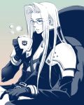 1boy artist_request blue_eyes cup final_fantasy final_fantasy_vii glasses gloves hair_intakes long_hair male sephiroth shinra_electric_power_company silver_hair sitting solo teacup white_hair 