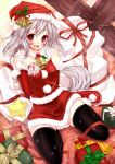  black_thighhighs blush christmas fang hat long_hair open_mouth original red_eyes santa_costume santa_hat scarlet_(studioscr) smile solo tail thigh-highs thighhighs white_hair 