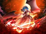  backlighting bat_wings blue_hair fire hat large_wings long_skirt open_mouth outstretched_arms red_eyes remilia_scarlet short_hair smile smoke solo spear_the_gungnir spread_arms sukuna_(artist) touhou wings wrist_cuffs 