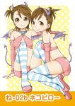  bad_id bat_wings demon_girl elbow_gloves futami_ami futami_mami gloves hanatsuka horns idolmaster multiple_girls short_hair siblings side_ponytail sisters smile striped striped_legwear striped_thighhighs tail takase_(t_k_s) thigh-highs thighhighs twins wings 