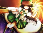  breasts brown_hair cape fire hair_bow highres large_breasts long_hair red_eyes reiuji_utsuho touhou wannnya wings wink 