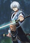  belt_pouch glasses glowing green_eyes holding katana male morichika_rinnosuke nichi_doriimu rain sheath silver_hair standing sword touhou weapon 