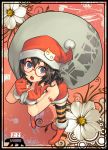  boots brown_hair button_badge flower from_above glasses gloves hat heart lvans multicolored_legwear multicolored_thighhighs open_mouth purple_eyes sack santa_costume santa_hat short_hair solo striped striped_legwear striped_thighhighs tattoo thigh-highs thighhighs violet_eyes 