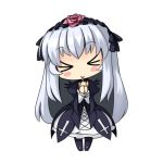  blush_stickers chibi dress drinking hairband long_hair musashino_udon rozen_maiden silver_hair solo straw suigintou wings yakult 