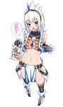 bare_shoulders belt blue_eyes blush breasts cleavage elbow_gloves gloves hairband highres horn horns jewelry kirin kirin_(armor) loincloth long_hair luceva midriff monster_hunter navel necklace open_mouth pointing solo thigh-highs thighhighs translated white_hair 