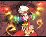  bad_id blonde_hair burning evil evil_grin evil_smile fire flandre_scarlet glowing glowing_eyes grin hat highres kusakanmuri laevatein letterboxed red_eyes short_hair side_ponytail smile solo touhou x_arms zoom_layer 