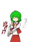  closed_eyes comic ebizome green_hair kazami_yuuka paper plaid plaid_skirt plaid_vest ripping skirt skirt_set smile solo syslila touhou translated 