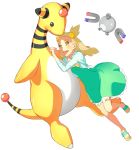  1girl dress happy magnemite mikan_(pokemon) pokemon pokemon_(creature) pokemon_(game) pokemon_gsc sandals simple_background tetsuo_(amenohutikoma) twintails 