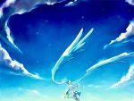  ahoge aqua aqua_hair blue cloud clouds detached_sleeves from_behind hatsune_miku head_wings long_hair outstretched_arms skirt sky solo spread_arms standing sugikiyu thigh-highs thighhighs twintails very_long_hair vocaloid wallpaper wind wings 