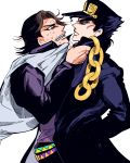  2boys black_hair blue_eyes brown_hair chain collar_grab hat jojo_no_kimyou_na_bouken kuujou_joutarou mapi multiple_boys red_eyes steely_dan sweat vest 