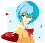  blue_hair gift holding holding_gift neon_genesis_evangelion red_eyes sparkle 