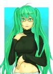  and bespectacled glasses green_eyes green_hair hatsune_miku navel solo turtleneck vocaloid 