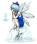  blue_hair bluehead cirno fairy frog hair_ribbon ice kitayuki_kajika profile ribbon rough short_hair sitting sketch socks solo touhou wings 