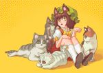  animal_ears bob_cut bowtie brown_hair cat cat_ears cat_tail chen earrings green_eyes halftone halftone_background hat highres jewelry momiji_gari multiple_tails paw_pose short_hair sitting solo tail too_many_cats touhou 