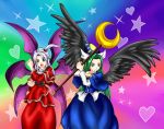 alest_lusia blue_eyes capelet clenched_hands crescent crescent_moon fist green_eyes green_hair hair_bobbles hair_ornament hat heart mima multiple_girls multiple_wings shinki silver_hair staff star touhou wings wizard_hat 