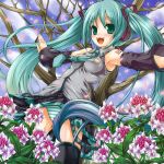  aqua_hair detached_sleeves flower green_eyes hatsune_miku long_hair necktie panties petals solo striped striped_panties thigh-highs thighhighs tirumu twintails underwear vocaloid 