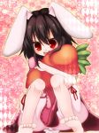  bad_id barefoot black_hair bloomers bunny_ears carrot inaba_tewi makoto_(hetaling) open_mouth pillow pillow_hug rabbit_ears red_eyes short_hair sitting smile solo teeth touhou 