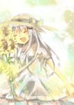 closed_eyes dress flower hand_holding hat holding_hands little_busters!! long_hair mikimura noumi_kudryavka silver_hair sunflower 