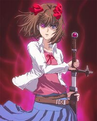  brown_hair casual glowing glowing_eyes hair_ribbon idolmaster matsudo_aya parody ribbon romancing_saga saga sketch sword weapon 