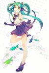  1girl :3 animal_ears cat_ears cat_tail elbow_gloves fish gloves green_eyes green_hair hatsune_miku headphones high_heels highres long_hair mee_(doremee) mouth_hold shoes skirt solo tail twintails vocaloid 