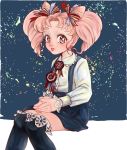  1girl bangs big_hair bishoujo_senshi_sailor_moon blue_background blue_skirt chibi_usa double_bun ear_studs earrings hands_together highres jewelry juliet_sleeves knees_together_feet_apart lace lace-trimmed_thighhighs long_sleeves looking_at_viewer parted_bangs pink_hair puffy_sleeves red_eyes simple_background sitting skirt solo suspenders tezo_(mokka_mk) thigh-highs twintails zettai_ryouiki 