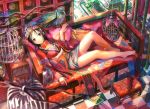  bamboo barefoot bird birdcage black_hair blue_eyes blurry branch breasts cage chinese_clothes cleavage couch crown depth_of_field feathers flower footstool fuji_choko hanging hat highres legs long_hair lying on_back original pillow single_shoe solo vase 