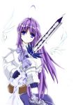  armor aselia blue_eyes eien_no_aselia gauntlets highres long_hair purple_hair solo sword weapon wings 