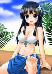  arm_support barefoot bikini black_hair green_eyes hirokane_tetsumichi long_hair sarong saten_ruiko splash swimsuit to_aru_kagaku_no_railgun to_aru_majutsu_no_index water 