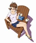  book bracelet brown_hair casual chair cup glasses idolmaster jewelry kaimu_(pixiv) legs shorts simple_background sitting sitting_sideways solo 