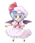  blue_eyes blue_hair blush brooch chibi dress hand_on_hip hat hat_ribbon jewelry neckerchief pink_dress remilia_scarlet ribbon shoes short_hair socks standing tobi_(artist) tobi_(nekomata_homara) touhou wings 