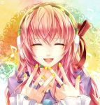  bow hands headphones headset jewelry long_hair megurine_luka nail_polish pink_hair portrait ring smile solo tomone vocaloid 