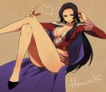  artist_request bare_legs black_eyes black_hair boa_hancock breasts brown_background cape character_name cleavage crossed_legs earrings epaulettes eterno high_heels jewelry large_breasts legs long_hair long_legs no_bra one_piece shoes sitting thighs 