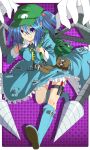  backpack bag belt blue_eyes blue_hair boots drill hair_bobbles hair_ornament hat highres kawashiro_nitori key pocket robotic_arms ruchi screwdriver short_hair solo touhou twintails wrench 
