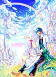  closed_eyes cloud clouds hatsune_miku kaito land lying multicolored_hair musical_note notes prism rainbow red_string sky vocaloid 