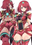  1girl absurdres asyura_kumo bangs black_gloves breasts chest_jewel earrings fingerless_gloves gloves highres jewelry large_breasts pyra_(xenoblade) red_eyes red_legwear red_shorts redhead short_hair short_shorts shorts solo swept_bangs thigh-highs tiara xenoblade_chronicles_(series) xenoblade_chronicles_2 