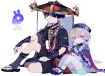  1boy 1girl armor bandages bangs bead_necklace beads black_nails coin_hair_ornament genshin_impact hair_between_eyes hands_on_own_knees hat highres japanese_armor jewelry jiangshi kote kurokote necklace ofuda open_clothes open_shirt purple_hair qing_guanmao qiqi_(genshin_impact) red_eyes rope scaramouche_(genshin_impact) seelie_(genshin_impact) shaded_face shima_(vivi_do) shimenawa shoes short_hair short_sleeves sitting socks thigh-highs translation_request veil violet_eyes vision_(genshin_impact) white_background white_legwear wide_sleeves zouri 