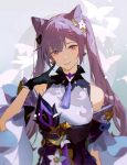  1girl :d bangs choker commentary_request detached_sleeves eyebrows_visible_through_hair genshin_impact hair_between_eyes hair_ornament index_finger_raised keqing_(genshin_impact) long_hair looking_at_viewer open_mouth pointing pointing_at_self purple_hair sidelocks simple_background smile solo twintails violet_eyes wide_sleeves yueko_(jiayue_wu) 