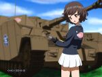  1girl akiyama_yukari anglerfish artist_name bangs black_gloves blue_jacket blue_sky brown_eyes brown_hair clouds cloudy_sky commentary_request dated day emblem from_behind girls_und_panzer gloves ground_vehicle holding jacket long_sleeves looking_at_viewer looking_back messy_hair military military_uniform military_vehicle miniskirt motor_vehicle naotosi ooarai_(emblem) ooarai_military_uniform open_mouth outdoors panzerkampfwagen_iv pleated_skirt short_hair skirt sky smile solo standing tank tank_shell uniform white_skirt 