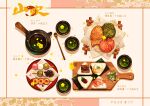  board commentary_request cup cyannism dango drink floral_background flower food food_request green_tea highres napkin no_humans onigiri original petals plate rice seaweed tea teacup teapot translation_request wagashi yellow_flower 