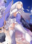  1girl absurdres ass bangs bikini black_gloves blue_dress breasts brown_eyes dress eyebrows_visible_through_hair fairy_knight_lancelot_(fate) fate/grand_order fate_(series) frills gloves highres long_hair long_sleeves looking_at_viewer looking_back looking_to_the_side panties parted_lips pretty-purin720 sidelocks small_breasts solo swimsuit thigh-highs thighs underwear upskirt weapon white_bikini white_hair white_legwear 